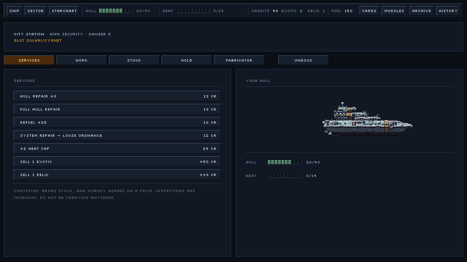 A station: services list with prices, and your hull